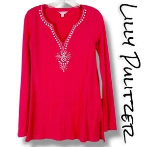 Lilly Pulitzer Eliana Tunic Top Coral/White Beaded Roll Sleeves Womens Size XS